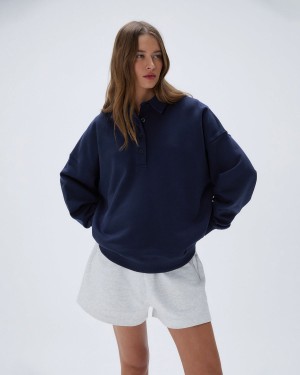 Navy Blue Adanola Oversized Button Up Sweatshirt | 3762-RHNDQ